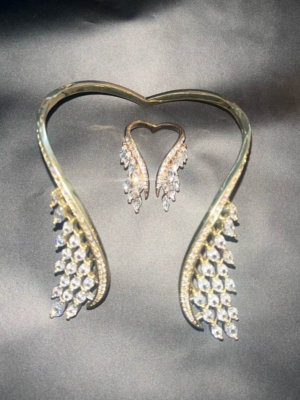 Gold Tone Crystal Wing Cuff Bracelet and Cuff Ring Set - Gold & Clear